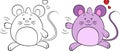 Kawaii before and after illustration of mouse, waving, with hearts, contour an color, for coloring book, or Valentine`s card Royalty Free Stock Photo