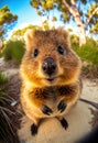 Adorable Quokka. Cute furry animal portrait. Fish eye lens wildlife jungle mammal.