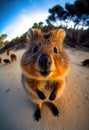 Adorable Quokka. Cute furry animal portrait. Fish eye lens wildlife jungle mammal.