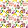 Adorable rabbit animals in spring flowers. Decorative floral repeating background with easter bunny in grass. Watercolor