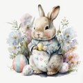 Adorable Rabbit in Cute Pajamas and Flower Easter Eggs AI Generated