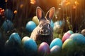 Adorable Rabbit and Easter Eggs on Lush Green Spring Grass with Blurred Background Royalty Free Stock Photo