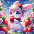 Adorable rabbit eating a strawberry, in a beautiful fruit farm, cute pose, cartoon, digital anime art, animal