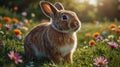 Adorable Rabbit in a Flower-Filled Meadow, Surrounded by Vibrant Blooms and Sunshine