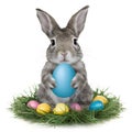 Adorable rabbit holds blue egg, epitomizing Easter holiday charm