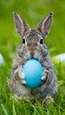 Adorable rabbit holds blue egg, epitomizing Easter holiday charm