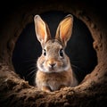 Adorable rabbit peeking through a burrow, with big ears and bright eyes in a natural setting, Ai-Generated Images Royalty Free Stock Photo