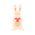 Adorable rabbit standing holding big heart vector flat illustration. Happy cute bunny enjoy love, tenderness and best