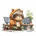 Adorable raccoon programmer in hoodie working with code at desk Royalty Free Stock Photo