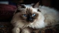 A Ragdoll cat resting on a pillow with droopy eyes created with Generative AI
