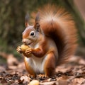 Adorable red fluffy squirrel gnawing a nut, portrait, close-up