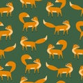 Adorable red fox with funny eyes on a green background. Forest animal seamless pattern. Royalty Free Stock Photo