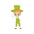 Flat vector icon of adorable red-haired boy in traditional Irish costume. Kid in bright green waistcoat, pants and top Royalty Free Stock Photo
