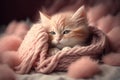 Adorable red kitten sleeping, wrapped in a pink cashmere blanket