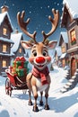 Adorable reindeer with big red nose, scraf, pulls a carriage filled of christmas gift, snowing village, animal, cartoon, printable Royalty Free Stock Photo