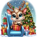 Adorable reindeer in cartoon style with christmas vibe, christmas presents and beautiful christmas tree on a snowing day