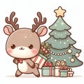 An adorable reindeer in a cute pose with a beautiful christmas tree and the gifts, animal design, white background