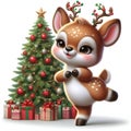 Adorable reindeer dancing in a cute expressions, beautiful christmas tree and the gifts behind it, cartoon, printable, fantasy