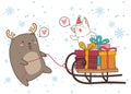 Adorable reindeer is dragging a sleigh vehicle with cat and gift boxes