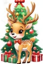 An adorable reindeer pose in cute, with beautiful christmas tree and gifts at the background, cartoon, digital anime art, fantasy