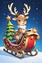 An adorable reindeer on a sleigh with a christmas tree and a star on the top, snowflakes, cartoonish, animal design