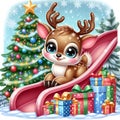Adorable reindeer with twinkling eyes on a slide with snow, christmas gifts and beautiful christmas tree with star, cartoon
