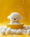 Adorable Rice Art Cute Fluffy Character in a Yellow Bowl with Rice Drops and Yellow Background