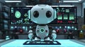 Adorable robot at digital console in futuristic lab