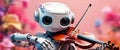 Adorable robot playing violin in a colorful setting