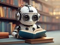Adorable Robot Reading in the Library: A Whimsical Robotic Scene.