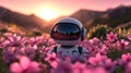 Adorable robot sits amidst a vibrant flower field at sunset