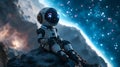 Adorable robot sitting on rocky surface under a starry cosmic sky with Royalty Free Stock Photo