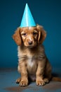 Adorable sad Puppy Dog Wearing Party Hat Celebrating Festive Birthday with Copy Space Royalty Free Stock Photo
