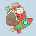 Adorable Santa cat character with gifts is riding a rocket Royalty Free Stock Photo