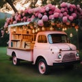 An adorable scene unfolds with a light pink antique truck parked