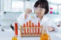 Adorable schoolgirl mixing chemical liquid