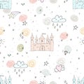 Adorable seamless pattern with castle in cartoon