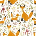 Adorable seamless pattern with cute foxes - Mother fox and her baby