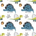 Adorable seamless pattern with funny dinosaurs in cartoon. Ideal for cards, invitations, party, banners, kindergarten