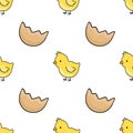 Adorable seamless vector pattern of cute yellow chicks and broken eggshells, perfect for spring and Easter themed designs Royalty Free Stock Photo