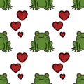 Adorable seamless vector pattern featuring cute green frogs and red hearts on a white background, perfect for charming designs Royalty Free Stock Photo