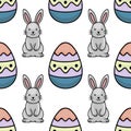 Adorable seamless vector pattern featuring cute grey bunnies and brightly colored, wavy-patterned Easter eggs on a clean white Royalty Free Stock Photo
