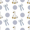 Adorable seamless vector pattern featuring cute white geese and blue ribbons on a light grey polka dot background, perfect for Royalty Free Stock Photo