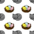 Adorable seamless vector pattern featuring sleeping gray cats nestled with pastel Easter eggs in woven nests, perfect for Royalty Free Stock Photo