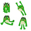 Adorable set of green frogs on white background. Sitting frog jumping reclining and standing. Design element for