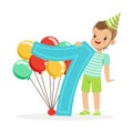 Adorable seven year old boy celebrating his birthday, colorful cartoon character vector Illustration