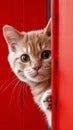Adorable short hair kitten peaking around the corner with abstract red background