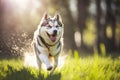 Adorable siberian husky dog running on a sunny day with blur background. generative AI