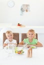Adorable siblings eating a salad together