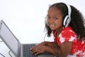 Adorable Six Year Old Girl Sitting On Floor With Laptop Computer Royalty Free Stock Photo